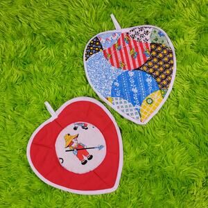 Vintage Handmade Quilted Raggedy Ann Heart Shaped Pot Holders Set of 2